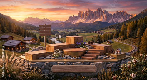 Wooden product display shelf set against the breathtaking scenery of the Dolomites in Italy, blending natural elegance with majestic alpine beauty.