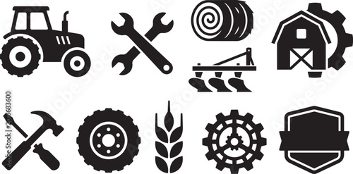 Photos Icons representing agriculture and farming, featuring a tractor, crops, and farm