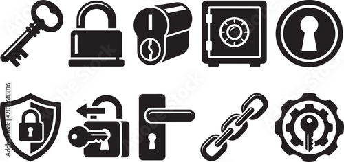Foto Solid icons of security and locksmithing, showcasing keys, padlocks, and a safe