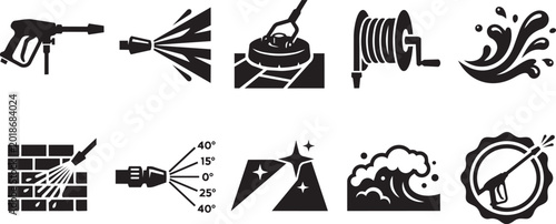 Canvastavla Silhouette icons of pressure washing and power cleaning services featuring water