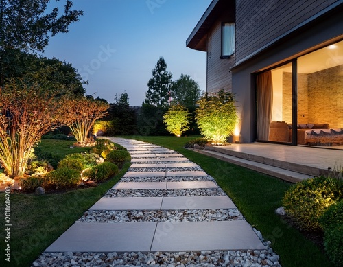 modern gardening landscaping design details illuminated pathway in front of residential house