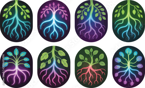 Set of ethereal glowing plants inside oval frames with visible roots and vibrant leaves for spiritual design projects