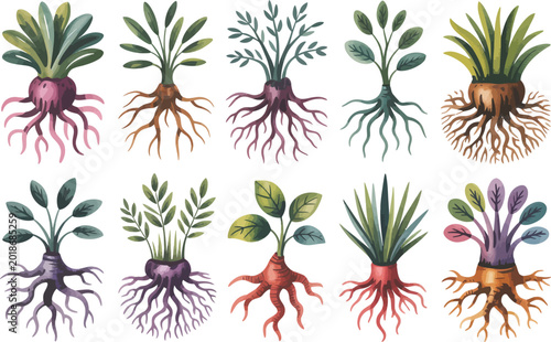 Set of vegetable plants with exposed roots watercolor style isolated vector collection on transparent background