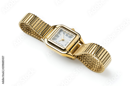 Картината върху платно An elegant vintage gold women's wristwatch with a square dial, Roman numerals, and a flexible bracelet, on a white background