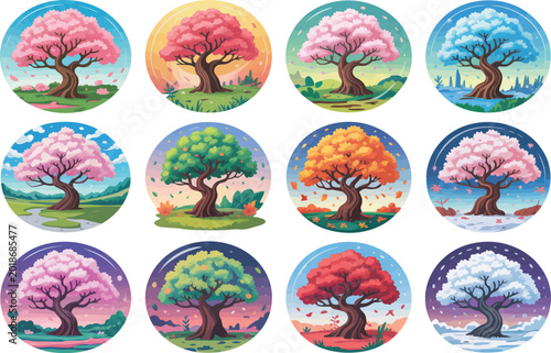Set of twelve illustrations with cherry blossom trees and other colorful trees on a natural background