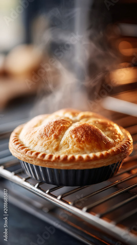 Golden pie crust baking in oven with flickering light emphasizing freshness and warmth