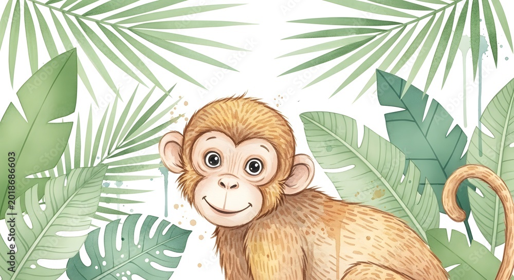 Obraz premium Cute baby monkey with tropical leaves watercolor illustration
