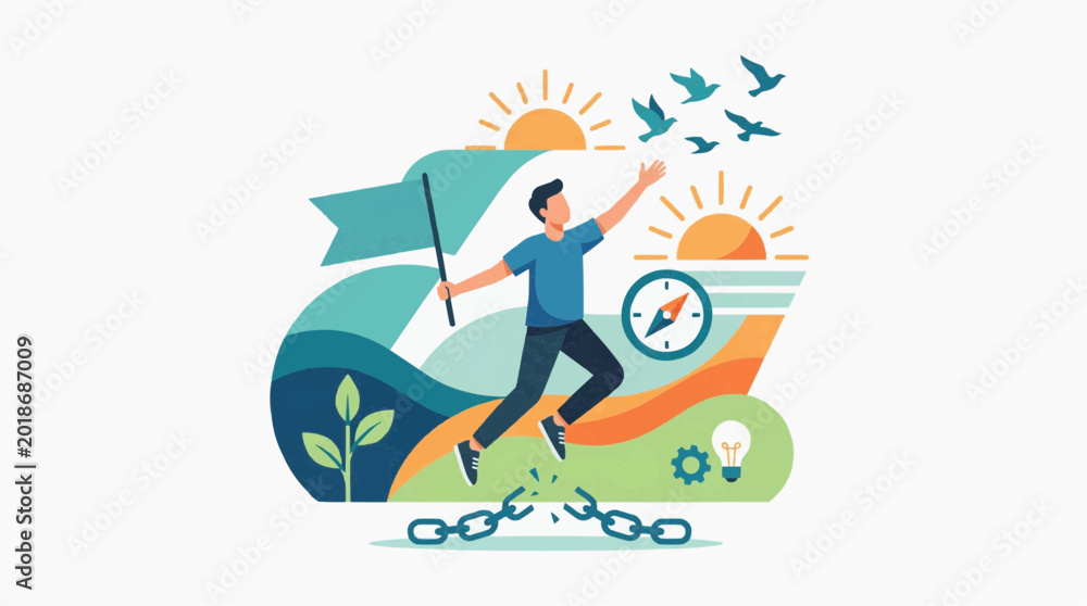 Fototapeta premium Freedom concept illustrated, a person breaking free from chains, birds fly towards the horizon, symbolizing liberation