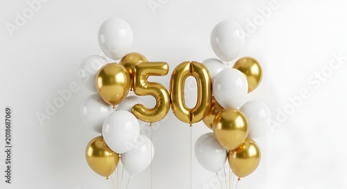 Golden 50th birthday celebration balloons on white background