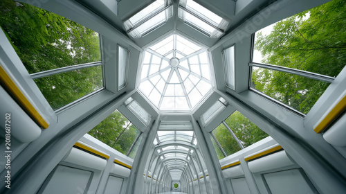 Stunning wide architectural glass dome interior with lush greenery view