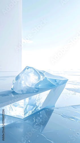 Clear ice cubes resting on a frosty reflective surface, light blue and white abstract background, winter freshness and cool sensation