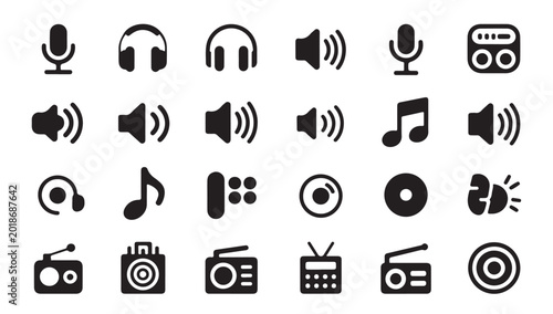 Schilderij op canvas Set of music and sound icons microphone headphones speaker note radio cd player headphones