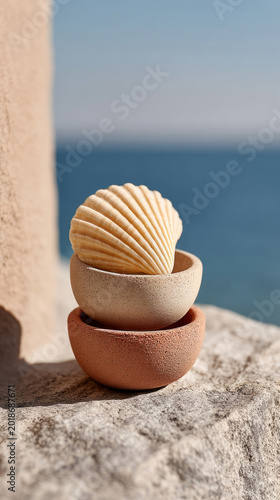 Minimal skincare display with coral safe products in seashell on coastal setting