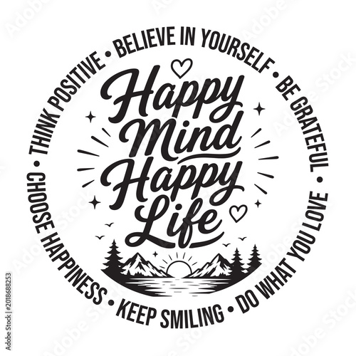 Cuadro en lienzo Happy mind happy life inspirational design quote, motivational quotes, typograph
