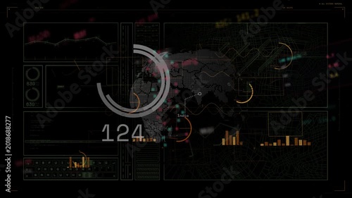 Globe fading in and spinning progress ring while readouts climbing then falling, showing live data