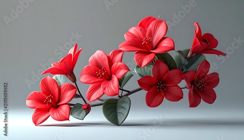 Branch of vibrant red rhododendron flowers with green leaves on a soft gray background, delicate bloom and natural beauty