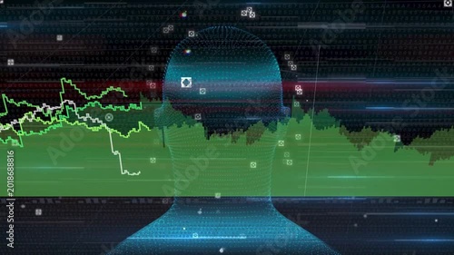 Data markers appearing mesh head shifting charts animating and mapping face nodes to visualize data