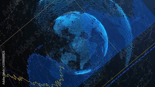 On data ping, dot-cloud globe rotating left, panels sliding, yellow graph rising, showing data