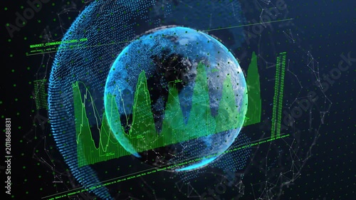 On data load central holo globe rotating while green charts growing and building showing analytics