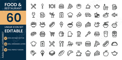 Set of 60 Food & Restaurant Icons – Linear Icon Collection,Editable Stroke,Vector Illustration 
