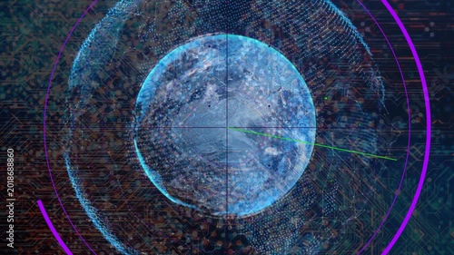 Reticle starting scan, green sweeping, purple arc filling and UI rising, locking on blue sphere
