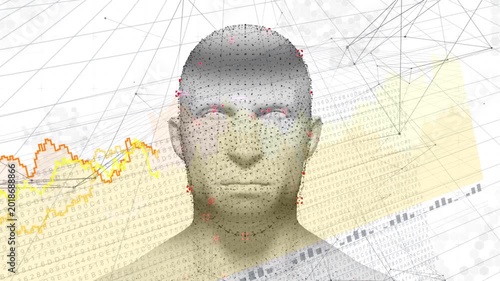 Data lines entering left crossing face as dot head forming then fading, showing analytics takeover