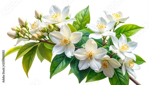 branch with white jasmine flowers and green leaves, delicate and fragrant, isolated on white, perfect for spring or summer floral designs