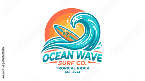 Vibrant graphic logo for Ocean Wave Surf Co. featuring a stylized blue ocean wave, a surfboard, and a warm orange sun, evoking tropical beach and surfing themes.
