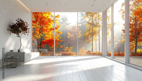 Bright modern interior with large windows overlooking vibrant autumn forest bathed in sunlight, creating a warm and inviting atmosphere, perfect for real estate or lifestyle concepts