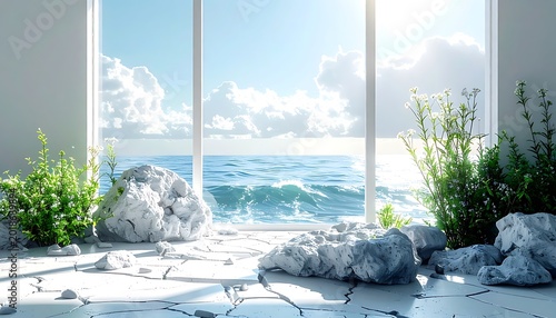 Bright sunlit room with large window overlooking calm blue ocean, white rocks and green plants, peaceful seascape, natural light