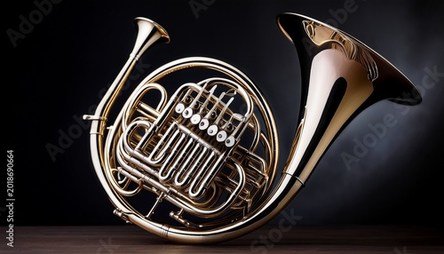 close up of a polished black french horn against a dark background