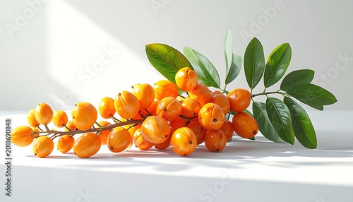 Bunch of bright orange berries on a stem with green leaves, casting long shadows on a white surface, vibrant natural harvest detail