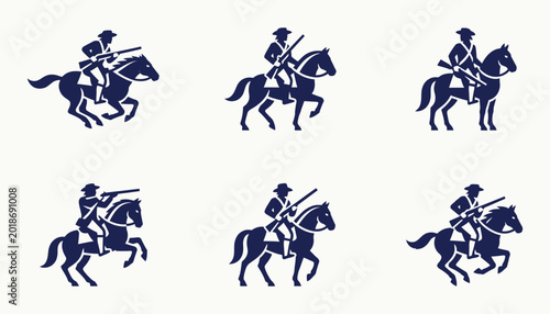 Foto Colonial soldier horseback rider silhouette collection for historical design and