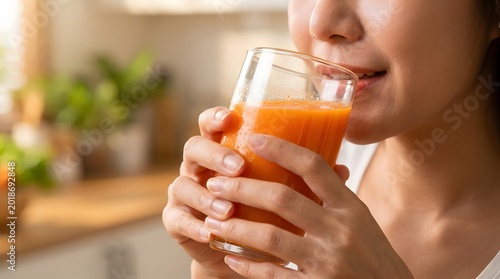 Close-up of a young woman drinking fresh orange juice from a glass in a bright kitchen setting, emphasizing healthy lifestyle and natural refreshment.