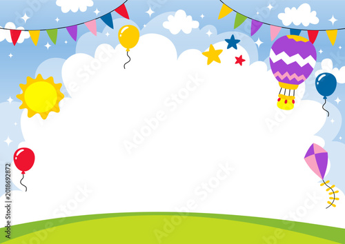 a colorful background with balloons and other items
