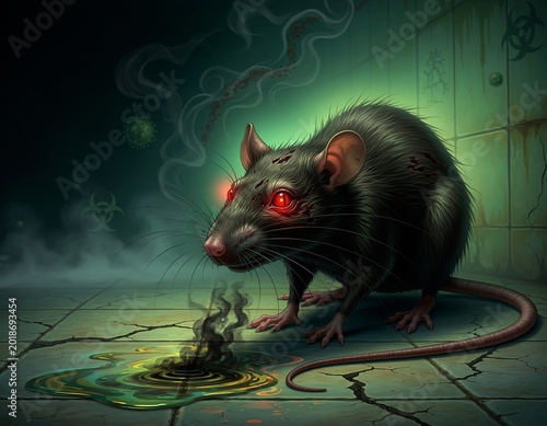 A rat with glowing red eyes representing infection, surreal style