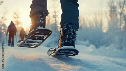 Group of hikers using snowshoes for traction on a winter trail during the golden hour.