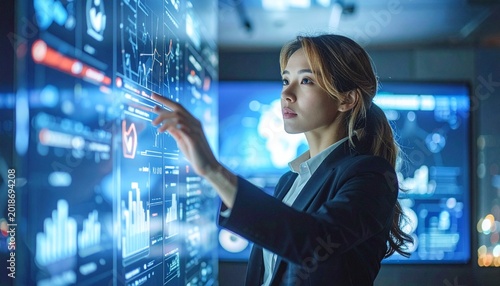 Driven businesswoman analyzing complex data on interactive screens, leveraging cutting-edge technology for strategic insights and future business development in a modern control room
