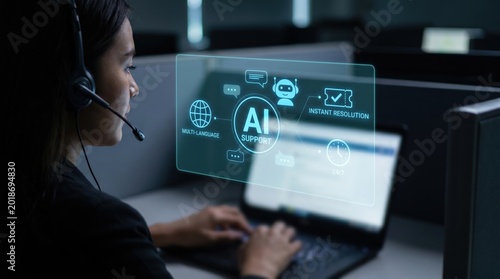 AI-Augmented Customer Support Concept: Professional Agent with Headset and Holographic Chatbot Interface featuring Multi-Language Translation and 24/7 Support Icons
