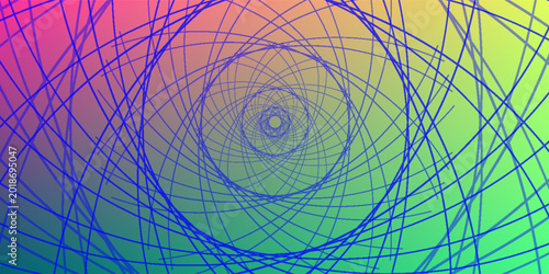 Foto Abstract geometric background featuring a hypnotic blue spiral lattice over a vibrant rainbow gradient