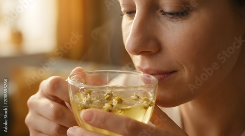 Close-up of a woman with closed eyes smelling a steaming cup of chamomile tea with dried flowers, enjoying a warm and relaxing moment indoors.