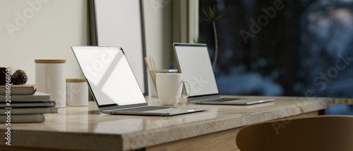 Принти на полотні modern workspace with two laptops white coffee mug and stationery on marble desk