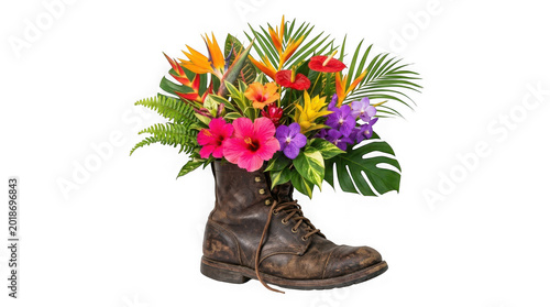 A black leather boot filled with a colorful bouquet of beautiful tropical flowers and green exotic palm leaves