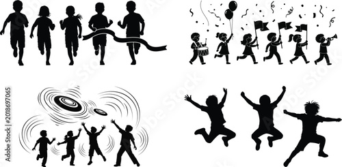 Silhouettes of happy children playing and celebrating