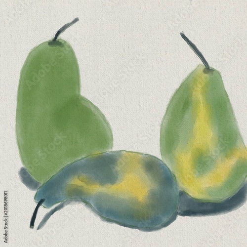 Fotografie watercolor painting of three green and yellow pears on a white textured background