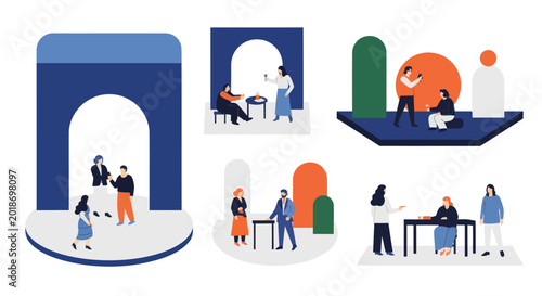 Foto People interacting in abstract social and business settings illustration set