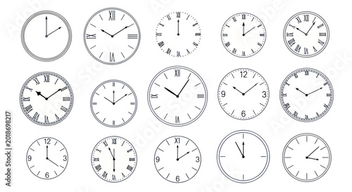 A collection of various clock faces with different styles and numerals.