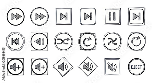 Foto Hand drawn media player icons and video audio control buttons in sketch style