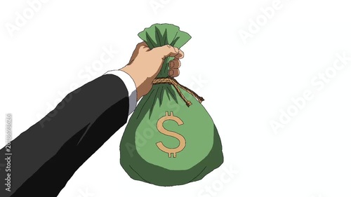 A businessman in a black suit holds a green money bag with a dollar symbol. This visual depicts financial success, business power, investment, and the world of entrepreneurship.