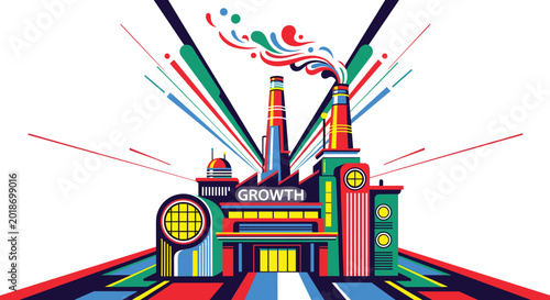 The industrial facility features the word growth prominently, releasing vibrant, swirling smoke trails that create a dynamic and energetic visual effect.